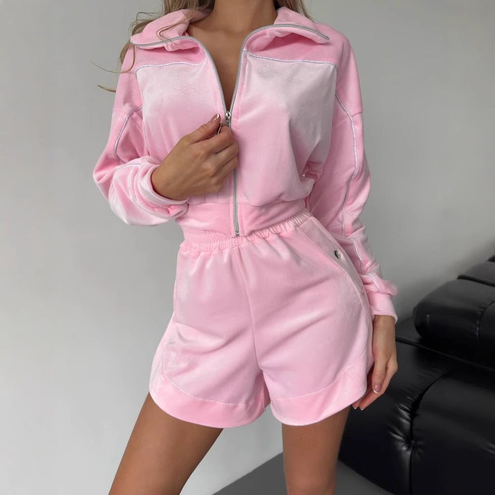 Damen sportliches Fleece-Crop-Set mit Reißverschluss und Druckknöpfen EB