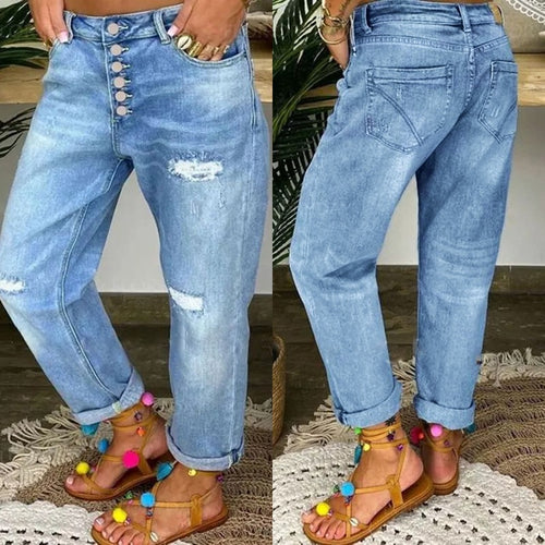 Damen Boyfriend Jeans mit Knopfverschluss und Distressed-Details EB