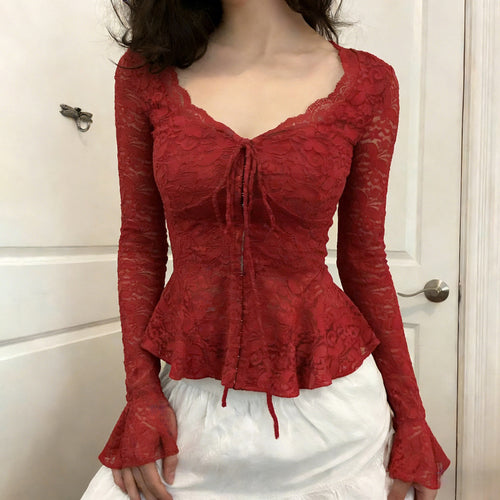 Damen Spitzenbluse mit romantischen Rüschen und bindbarem Dekolleté EB
