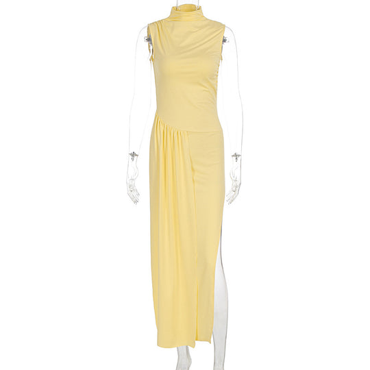 Damen elegantes Maxikleid mit asymmetrischem Schnitt und hohem Schlitz EB