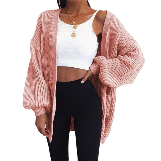 Damen Grobstrick-Cardigan mit weitem Schnitt und lässigen Puffärmeln EB