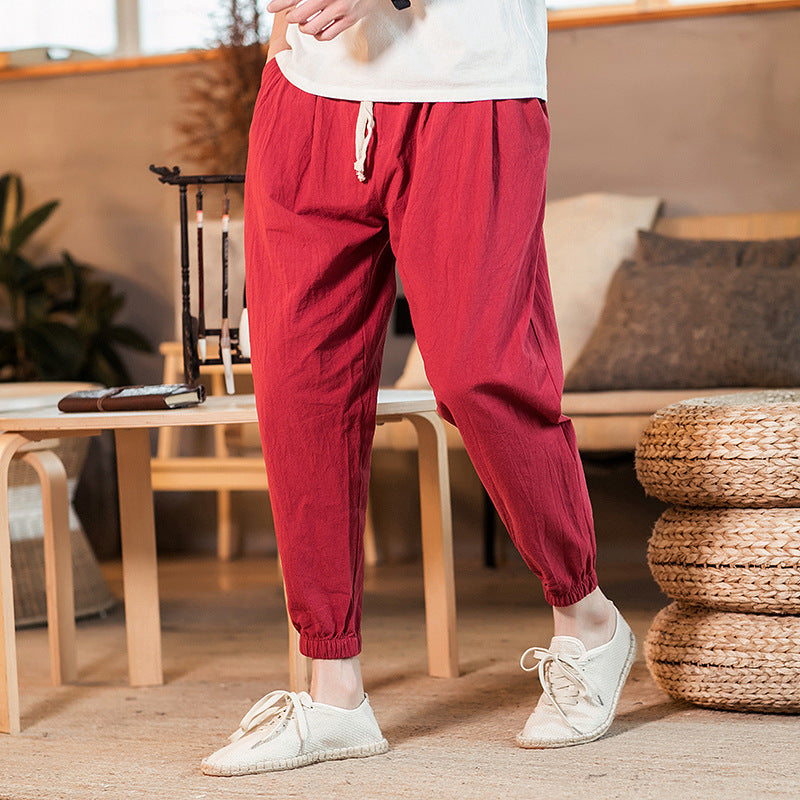 Herren nan leichte Baumwoll-Leinen Jogginghose mit Kordelzug elastischen Bündchen und Seitentaschen EB
