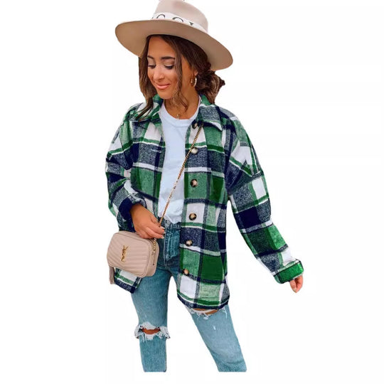 Damen lässige karierte Flanelljacke mit Knopfdetails EB