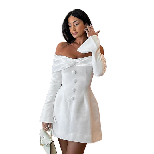 Damen schulterfreies Abendkleid mit elegantem Knopfdetail und weitem Rock EB