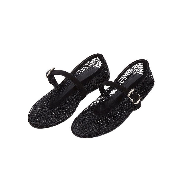 Damen elegante Ballerina-Schuhe mit dekorativem Riemchen und funkelnden Akzenten EB