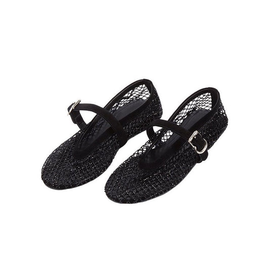 Damen elegante Ballerina-Schuhe mit dekorativem Riemchen und funkelnden Akzenten EB