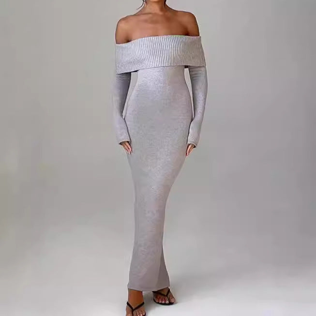 Damen Figurbetontes Off-Shoulder Maxikleid mit langen Ärmeln EB