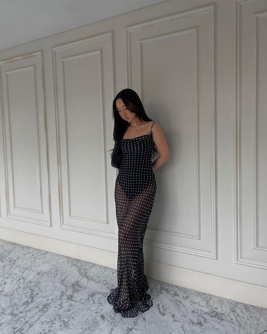 Damen transparenter Maxi-Kleid mit gepunktetem Design und verführerischen Rüschendetails EB