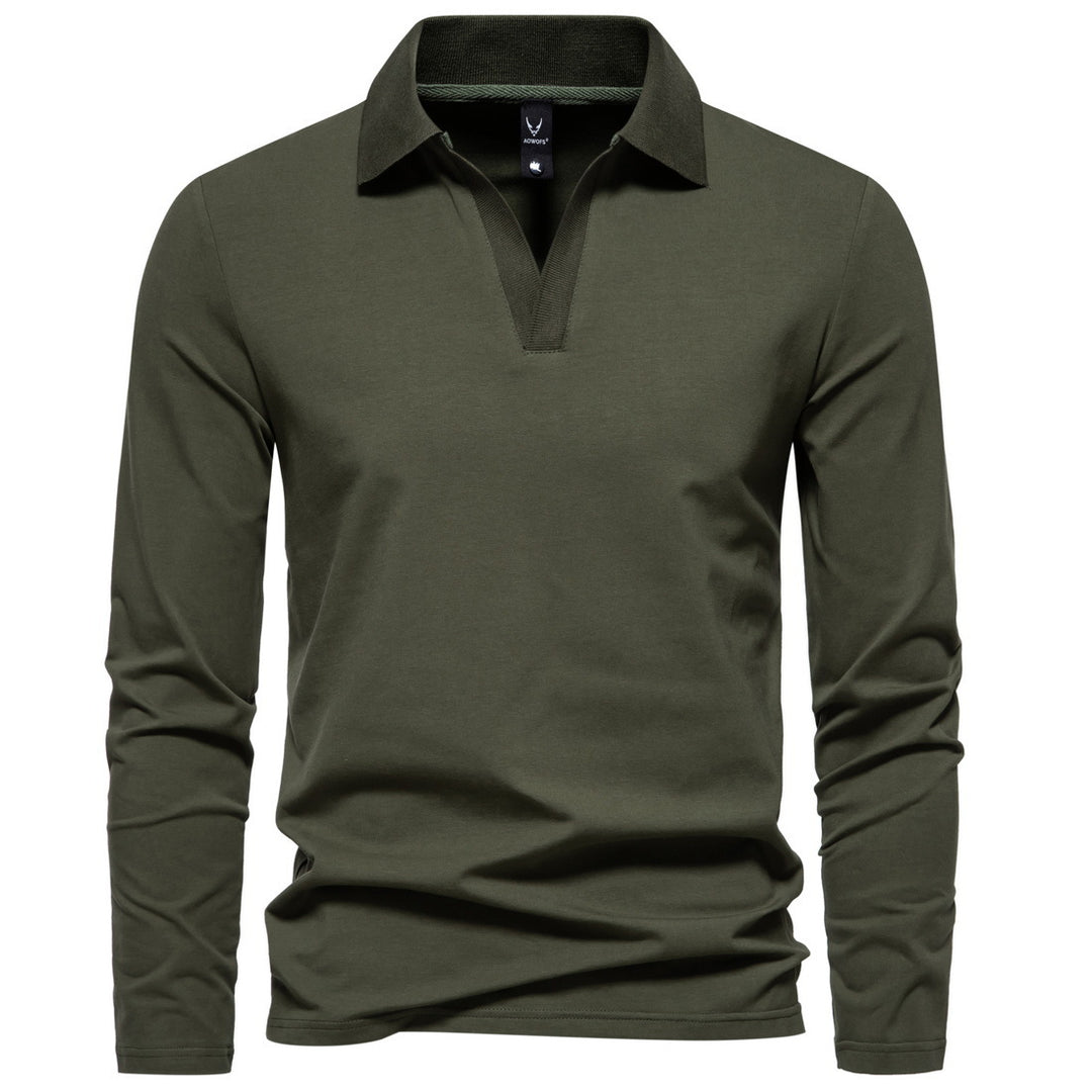 Herren nan Langarm-Polo mit offenem V-Ausschnitt, feinem Rippenkragen und schmaler Silhouette EB