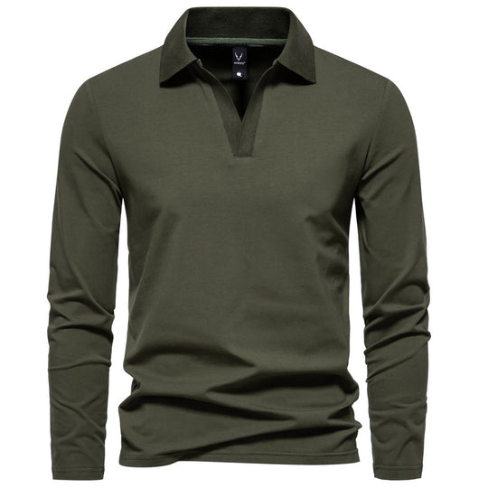 Herren nan Langarm-Polo mit offenem V-Ausschnitt, feinem Rippenkragen und schmaler Silhouette EB