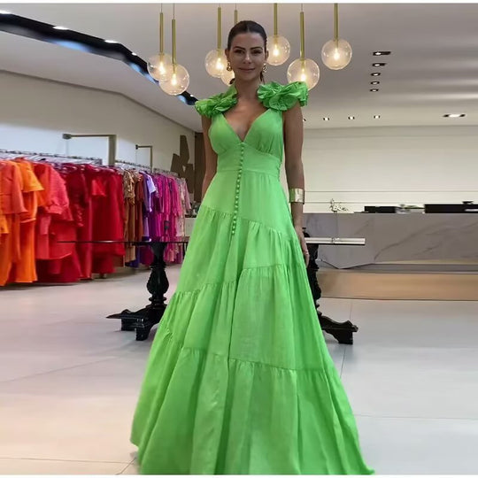 Damen Maxikleid mit schwingendem Rüschendesign und elegantem V-Ausschnitt EB
