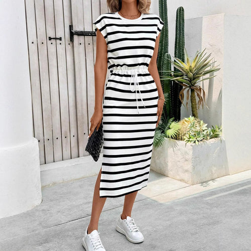Damen Midi-Kleid mit asymmetrischem Saum und stylischem Streifenmuster EB