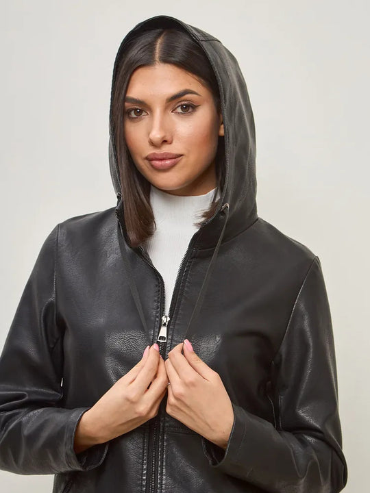 Damen modische Kunstlederjacke mit Kapuze und Reißverschlusstaschen EB