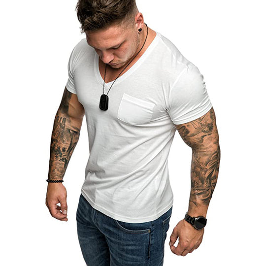 Herren V-Ausschnitt T-Shirt aus weicher Baumwolle mit Brusttasche EB
