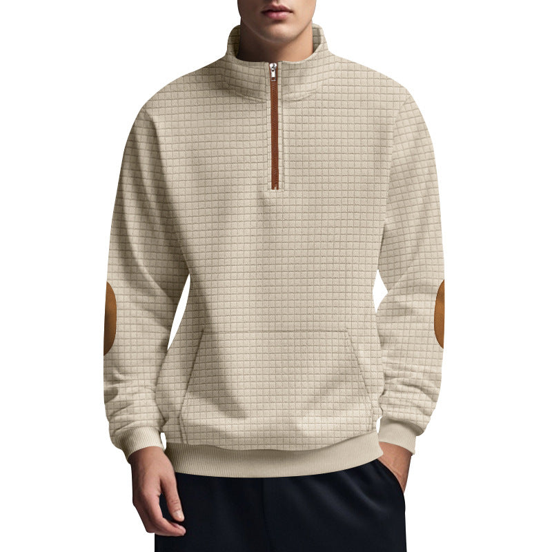 Herren nan gestepptes Halfzip-Sweatshirt mit Stehkragen, Kängurutasche und Kunstleder-Ellenbogenpatches EB