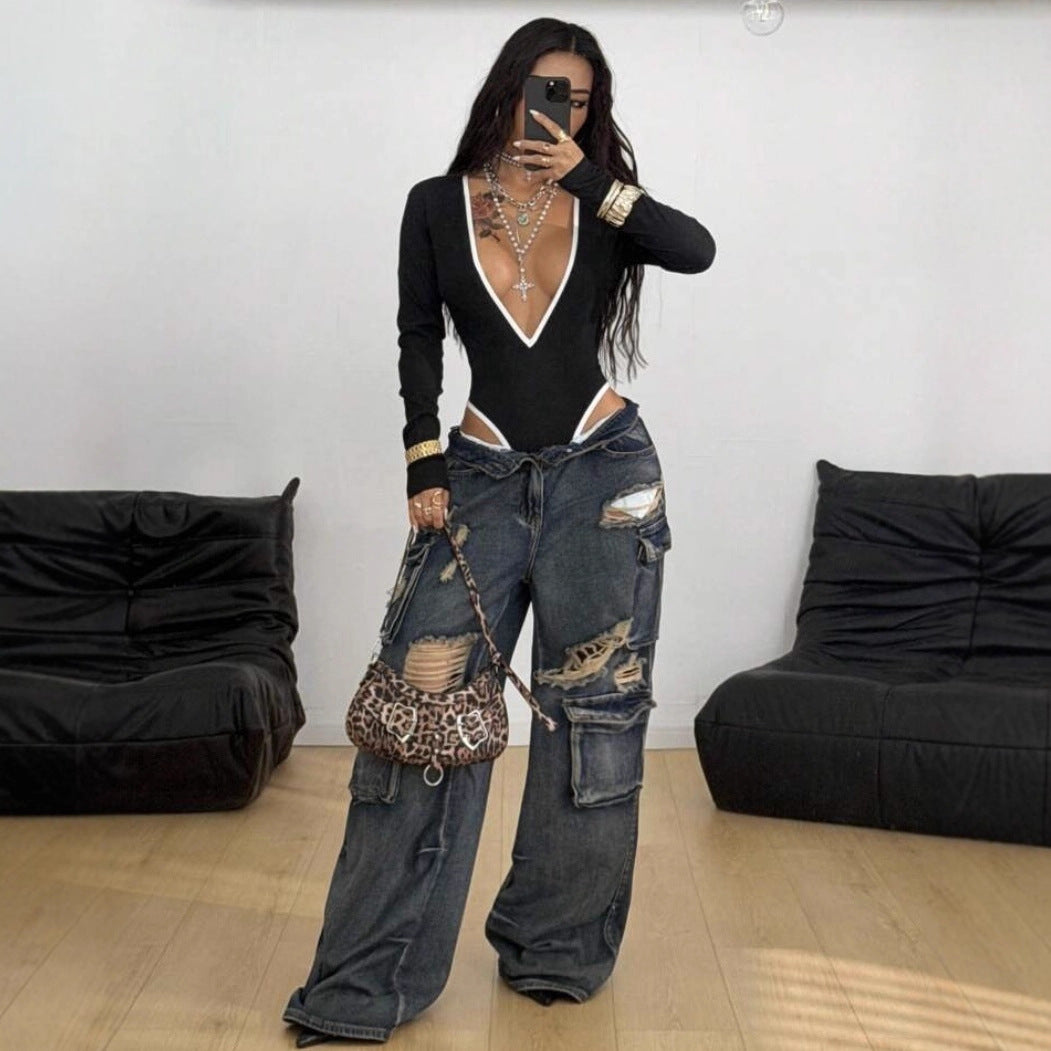 Damen Bodysuit mit tiefem V-Ausschnitt und eleganten Kontrastnähten EB