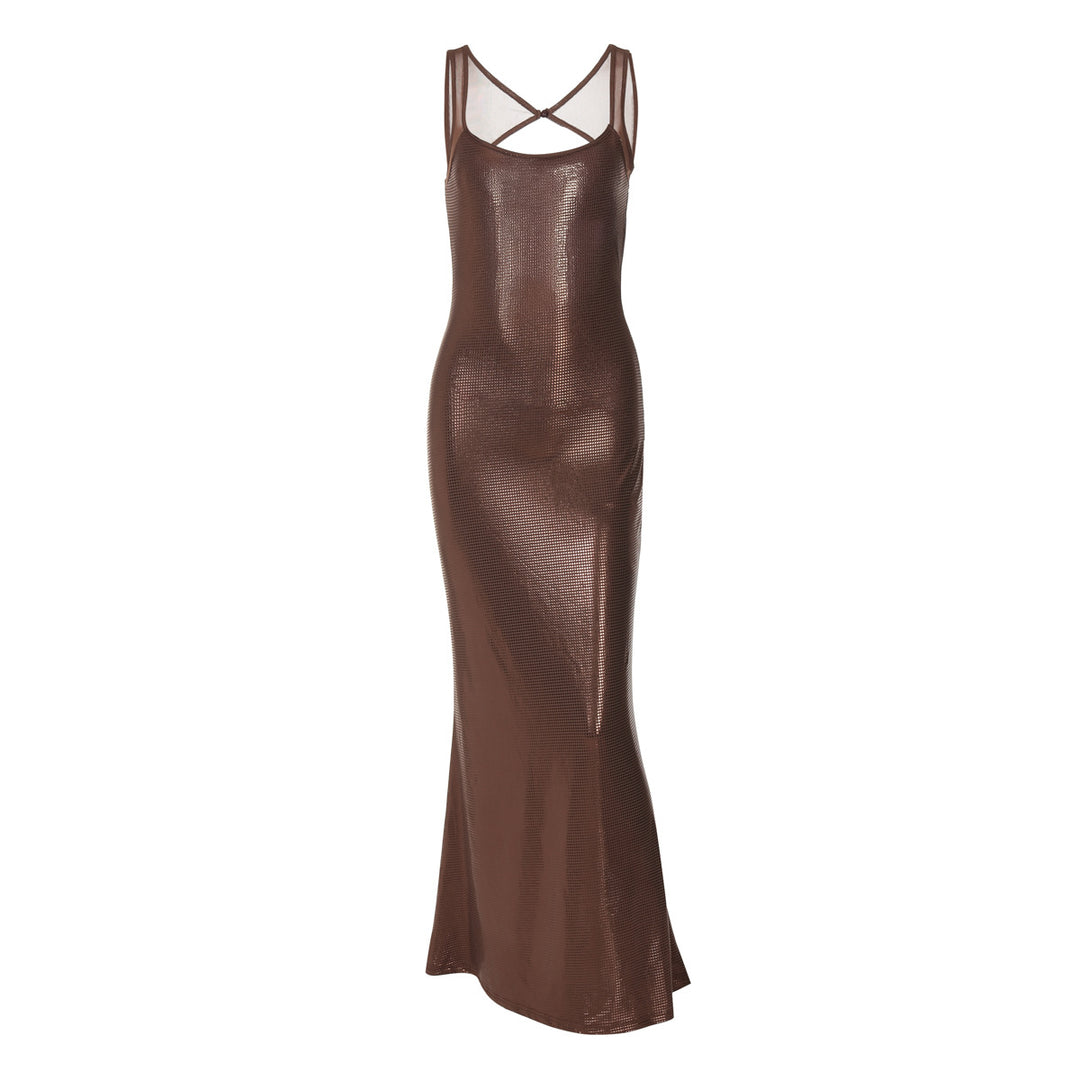 Damen Elegantes Maxikleid mit verführerischem Kreuzträger und schimmerndem Obermaterial EB