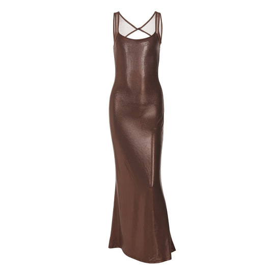 Damen Elegantes Maxikleid mit verführerischem Kreuzträger und schimmerndem Obermaterial EB