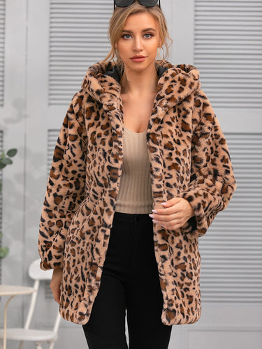 Damen kuschelige Oversized-Jacke mit elegantem Leopardenmuster EB