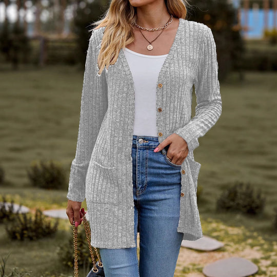 Damen kuschelige Strickjacke mit praktischen Taschen und modischem Rippdesign EB