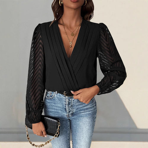 Damen elegantes Body mit voluminösen Ärmel und tiefem V-Ausschnitt EB