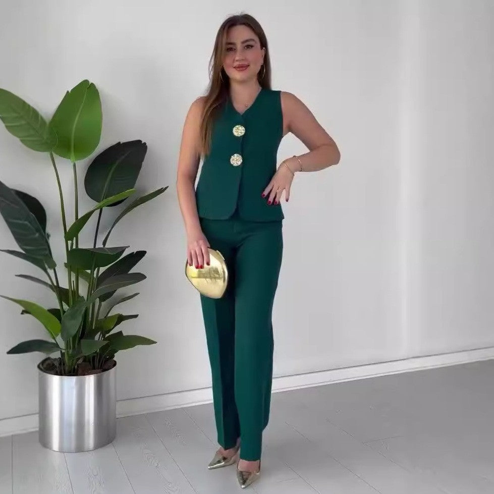 Damen Ärmelloses Tailoring-Set mit taillierter Weste, Zierknöpfen und weiter Palazzo-Hose EB