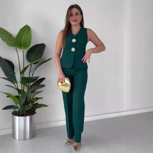 Damen Ärmelloses Tailoring-Set mit taillierter Weste, Zierknöpfen und weiter Palazzo-Hose EB