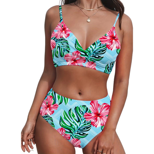 Damen Hochgeschnittener Bikini mit tropischem Muster EB