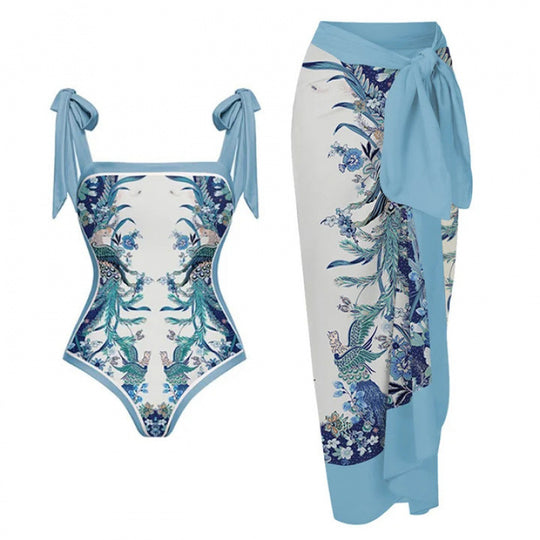 Damen Badeanzug-Set mit elegantem Floral-Design und passender Strandhose EB
