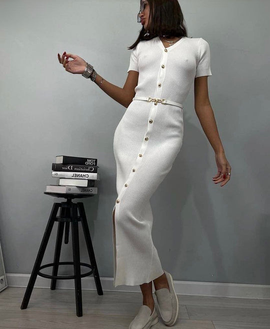 Damen Midi-Kleid mit strukturiertem Rippdesign und Knopfleiste EB