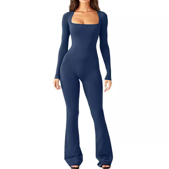 Damen Eleganter Langarm-Jumpsuit mit weitem Bein und tiefem Ausschnitt EB