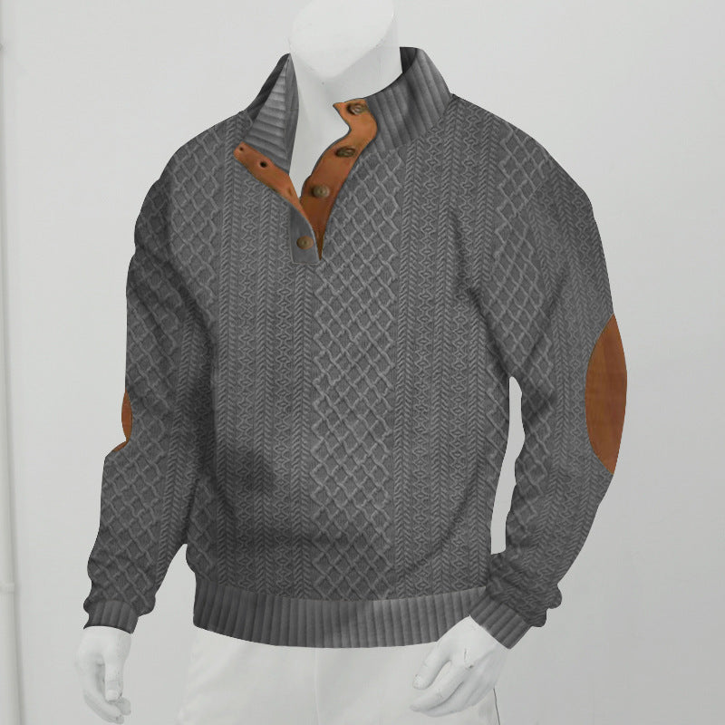 Herren Strukturiertes Zopfmuster-Henley-Pullover mit Lederbesatz an Ellbogen & Knopfleiste EB