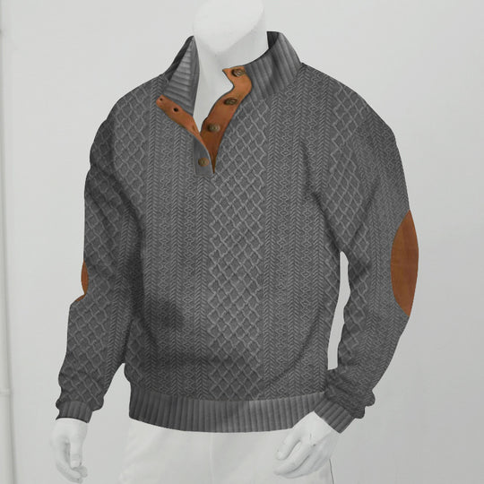 Herren Strukturiertes Zopfmuster-Henley-Pullover mit Lederbesatz an Ellbogen & Knopfleiste EB