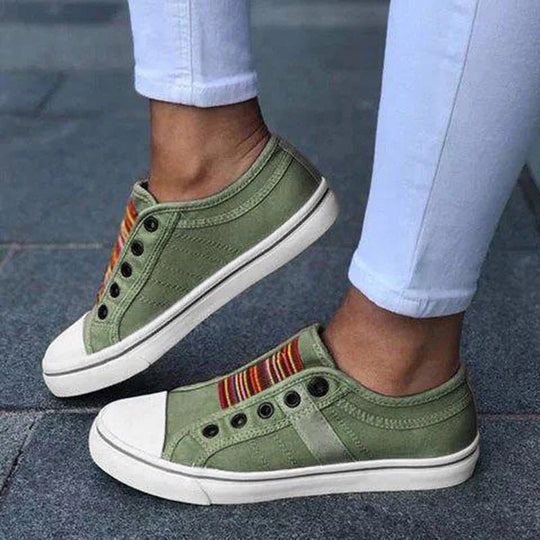 Damen Sportliche Canvas Sneaker mit buntem Streifenmuster EB