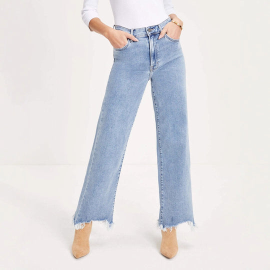 Damen Weit geschnittene Jeans mit fransigem Saum und hohem Bund EB