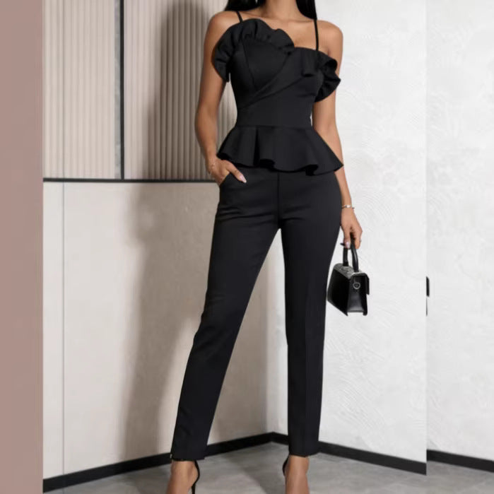 Damen elegantes Jumpsuit mit asymmetrischem Oberteil und Rüschendetails EB