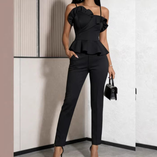 Damen elegantes Jumpsuit mit asymmetrischem Oberteil und Rüschendetails EB