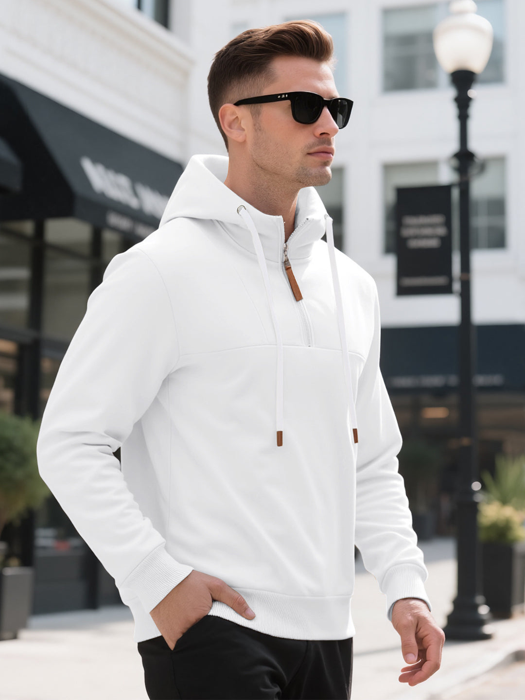 Herren Halbzip-Kapuzenpullover mit Stehkragen, Kordelzug und Lederdetails EB