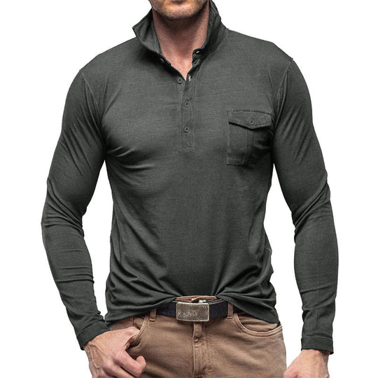 EB | Henley Pique Shirt Lange Ärmel Moderner Kragen Brusttasche Normale Passform