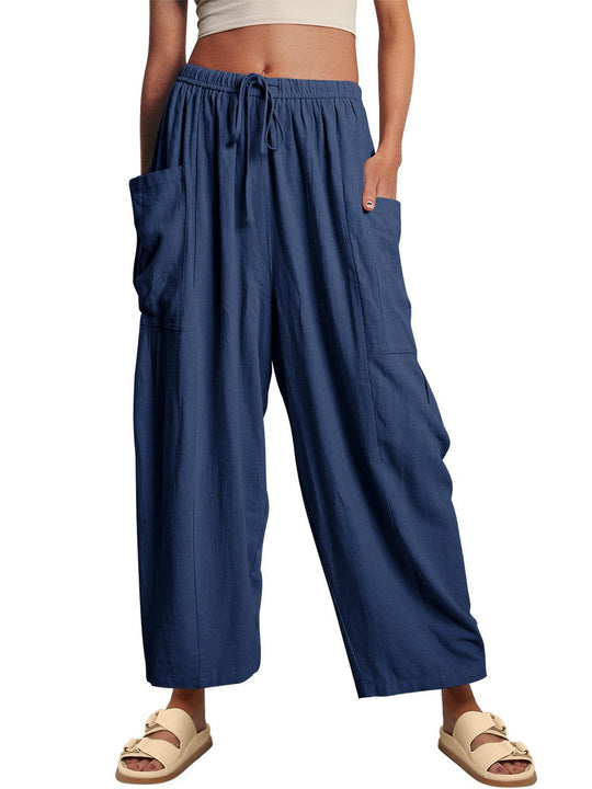 Damen nan weite Palazzohose aus leichtem Leinenmix mit Tunnelzug und seitlicher Tasche EB