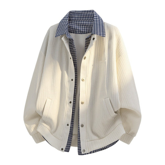 Herren lässige Strick-Überhemdjacke mit kariertem Hemdkragen und Druckknopfblende EB