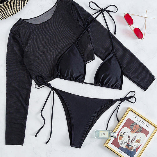 Damen Bikini-Set mit transparenter Langarmbluse EB