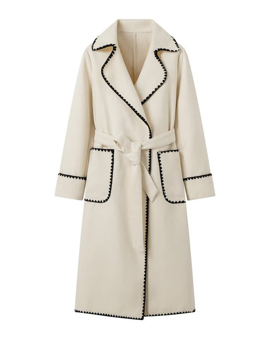 Damen eleganter Longcoat mit Bindegürtel und kontrastierenden Paspeln EB
