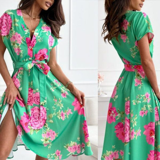 Damen Maxikleid mit Wickeldetail und farbenfrohem Blumenmuster EB