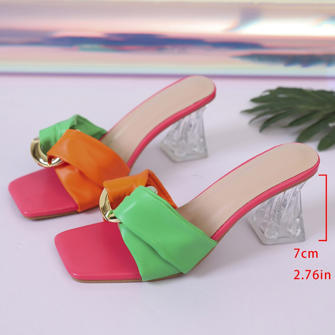 Damen Elegante Mules mit modischer Schleifen-Applikation und transparentem Blockabsatz EB