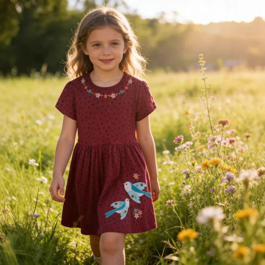 Mädchen Baumwollkleid mit süßen Vogel- und Blumenstickereien EB