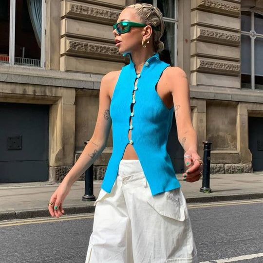 Damen Ärmelloses Stricktop mit einzigartiger Knopfleiste EB