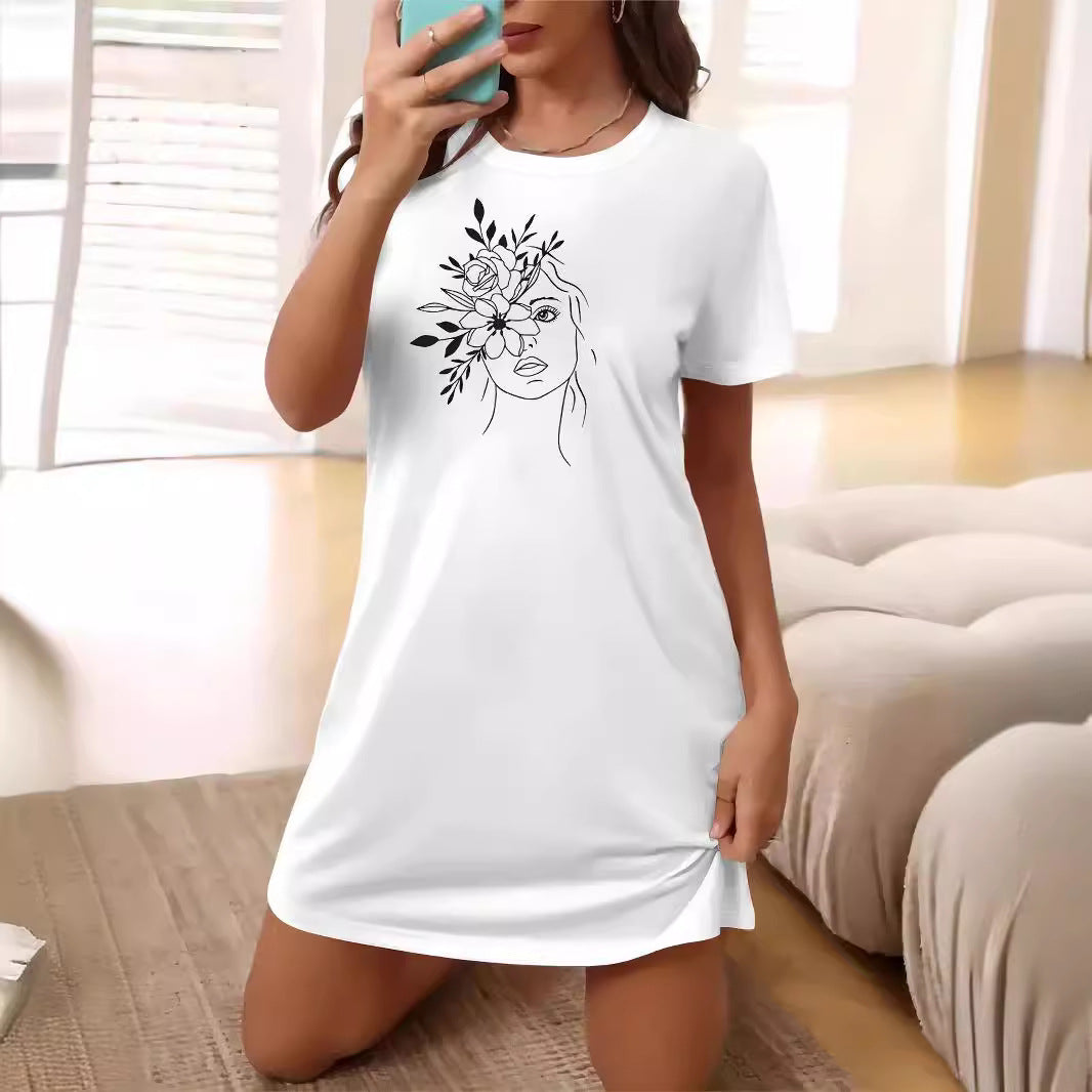 Damen T-Shirt-Kleid mit künstlerischem Blumenmotiv und figurbetontem Schnitt EB