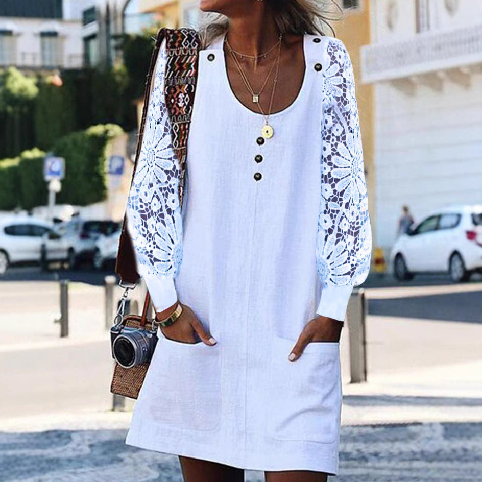 Damen Sommerkleid mit eleganten Spitzenärmeln und praktischen Taschen Heidi-Mode