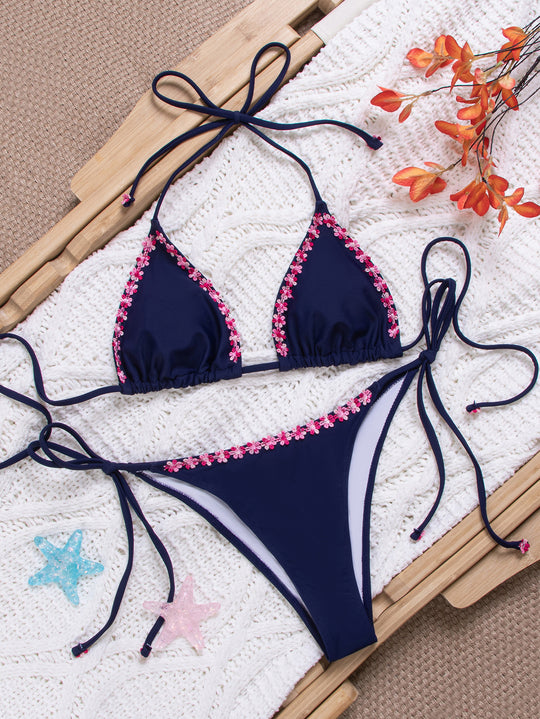 Damen Triangel-Bikini mit floralen Akzenten und verstellbaren Trägern EB